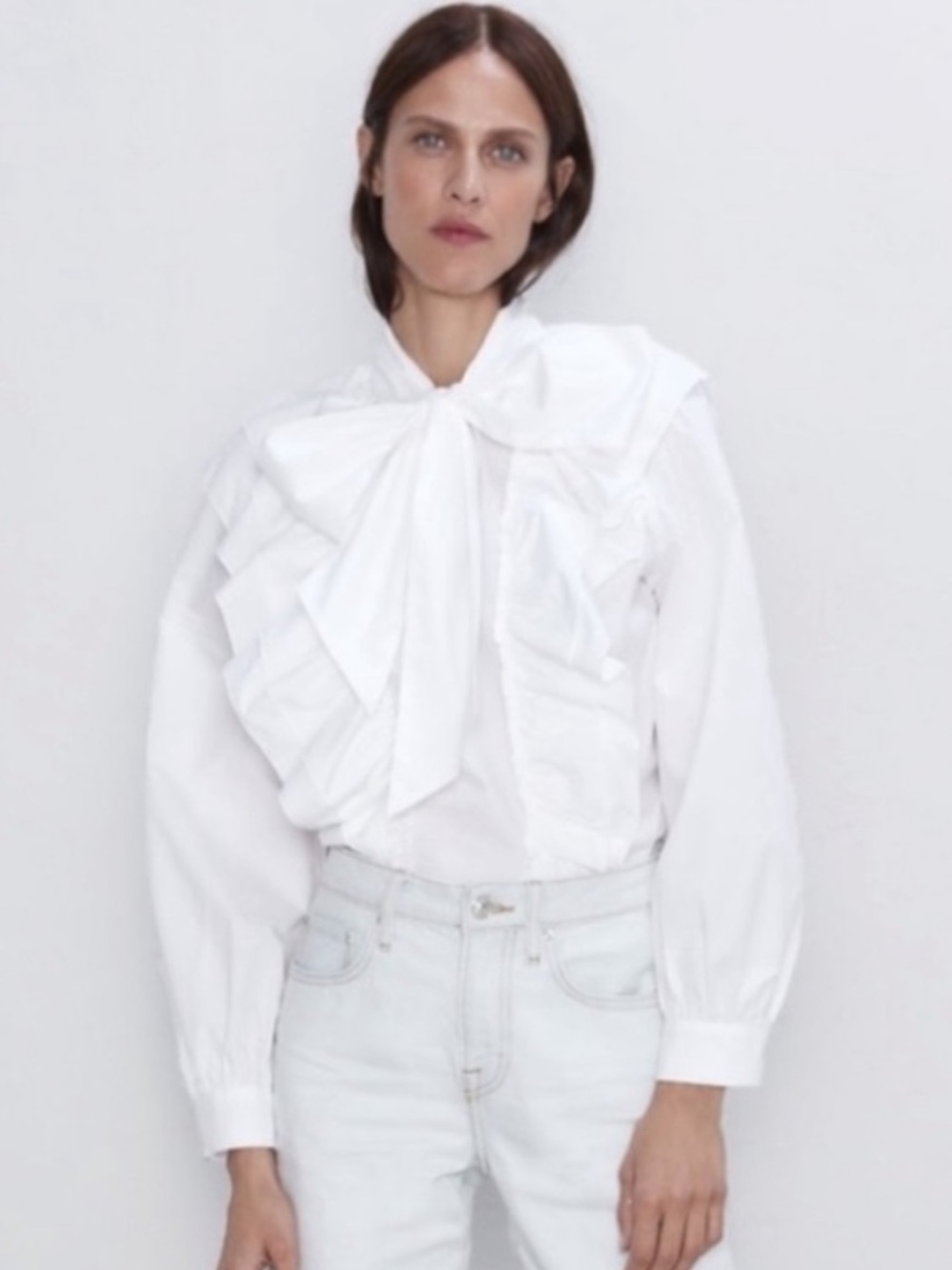 Zara Poplin Blouse with Oversized Ruffles and Bow
